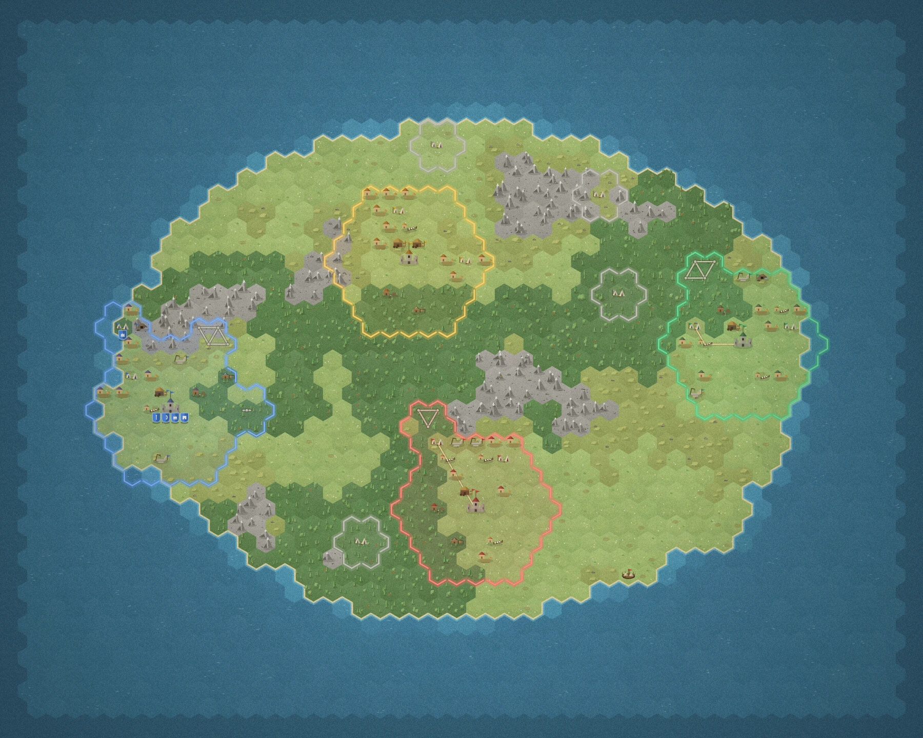 The whole island in summer, with four kingdoms’ borders drawn across it